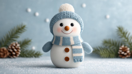 A charming snowman, dressed in a blue knitted hat and scarf, stands on a soft blue surface, surrounded by pine cones, creating a delightful winter atmosphere.の素材