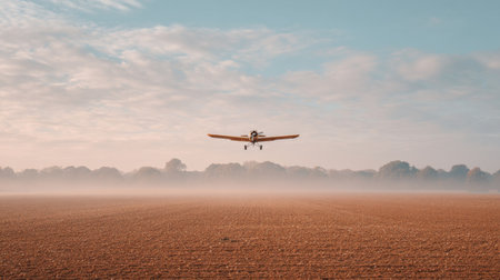 An airplane gracefully glides over a misty field at dawn, capturing a serene moment against a beautiful sky, perfect for themes of travel and nature.の素材