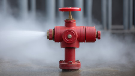 A vibrant red fire hydrant stands prominently in an urban setting, spraying water as part of essential fire safety measures and emergency preparedness in city infrastructure.の素材