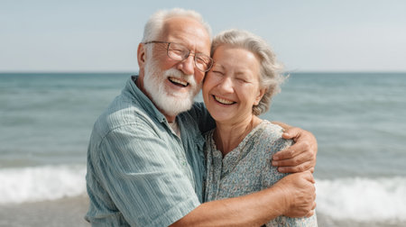 A heartwarming scene of an elderly couple at the beach, smiling and embracing with joy. This image captures the essence of love and connection in a tranquil coastal setting.の素材