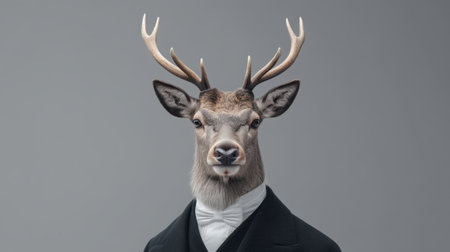 A stunning portrayal of a stag dressed in dapper formal wear, merging nature with fashion. This creative artwork captures the essence of elegance and uniqueness.の素材