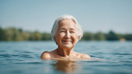 A joyful elderly woman enjoys a peaceful swim in a tranquil lake, radiating happiness and vitality. Bright blue skies and lush greenery create a perfect summer moment.の素材