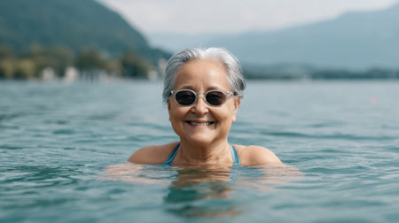 An elderly woman smiles joyfully while swimming in a peaceful lake. Surrounded by mountains and nature, she embodies vitality and happiness in her golden years.の素材
