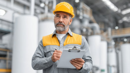 A focused male engineer wearing a yellow helmet stands in an industrial factory, holding a clipboard. The environment is filled with machinery, showcasing a work setting.の素材