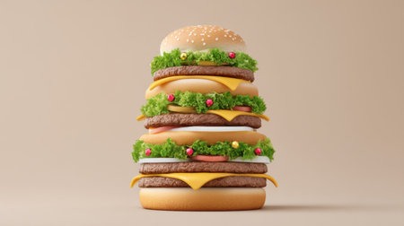 A towering stack of vibrant burgers showcasing layers of cheese, lettuce, and fresh ingredients on a soft beige background, perfect for food lovers.の素材