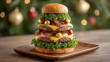 An impressive gourmet burger stacked high with multiple layers of cheese, crispy bacon, and fresh lettuce, creating a festive and mouthwatering visual delight.の素材