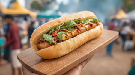 A mouthwatering sausage sandwich stacked with fresh greens, sauces, and colorful toppings, captured at a vibrant outdoor food festival, showcasing culinary delight.の素材