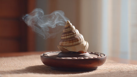 A beautiful shell incense holder releasing gentle smoke. The warm natural light creates a peaceful atmosphere, perfect for relaxation, meditation, or enhancing any tranquil space.の素材