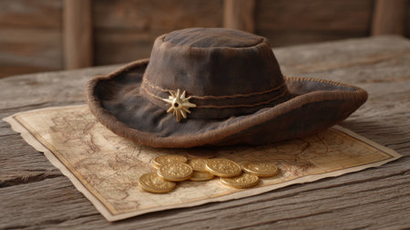A vintage weathered hat rests on an old map, surrounded by shiny gold coins, creating a nostalgic atmosphere of adventure and exploration in a rustic setting.の素材