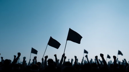 A silhouetted crowd passionately holds black flags under a clear sky, representing unity and resistance during a protest or rally for social change and awareness.の素材