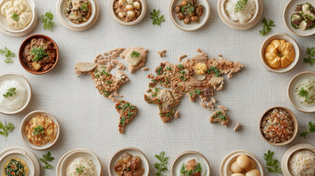 This captivating image showcases a creative arrangement of diverse dishes and ingredients shaped into a world map, celebrating global cuisine and flavors.の素材