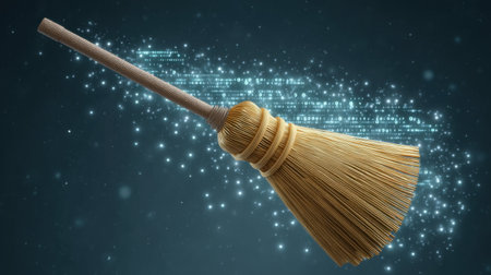 A modern artistic representation of a broom surrounded by sparkling particles, symbolizing cleanliness and organization in a digital era. Perfect for themed projects or marketing.の素材