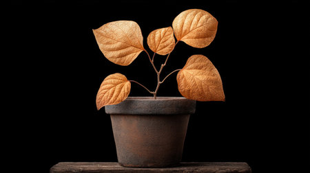 Beautifully captured dried leaf plant in a rustic pot, highlighting intricate details and warm colors, creating a serene atmosphere perfect for home decor and botanical enthusiasts.の素材