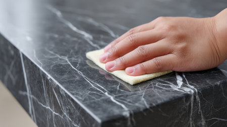 A person cleans a black marble surface using a yellow sponge, showcasing the care and effort involved in maintaining a spotless kitchen area.の素材