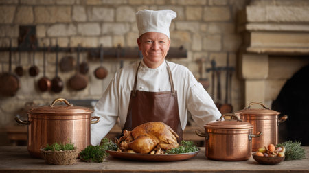 A skilled chef proudly presents a roasted turkey in a charming rustic kitchen adorned with copper pots and fresh herbs, creating an inviting and warm atmosphere.の素材