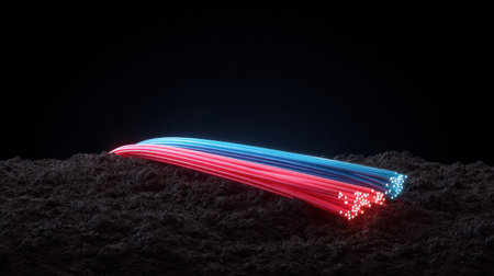 This image features vibrant light trails in red and blue on a dark surface, creating an abstract depiction of energy flow with a modern and artistic flair.の素材
