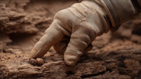 A close-up image captures a gloved hand lightly touching two snails resting on a natural wooden surface, showcasing a serene moment in nature.の素材