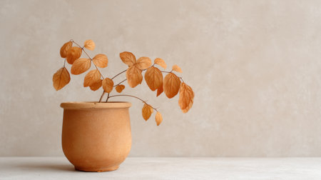 This image features a dried plant elegantly placed in a rustic terra cotta pot, showcasing warm earthy tones against a minimalistic background, perfect for enhancing interior spaces.の素材