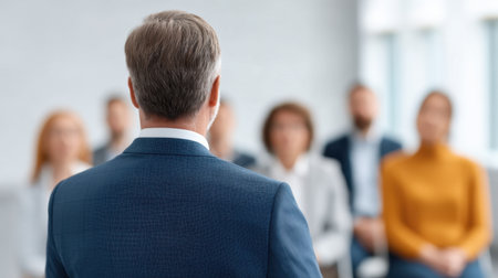 A professional speaker addresses an engaged audience in a modern conference room, highlighting effective communication and leadership during a business event.の素材