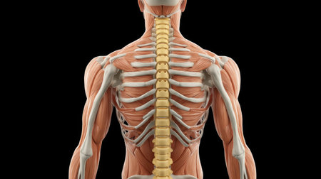 A detailed anatomical model of the human back highlighting muscles and bone structures, focusing on the spine and ribcage, perfect for educational and medical use.の素材