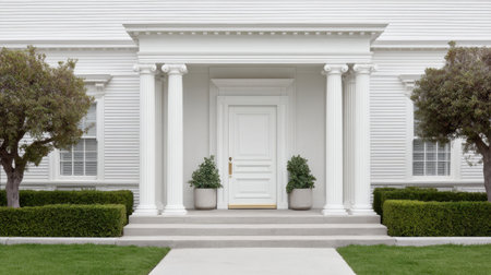 This image captures an elegant residential entrance showcasing a white facade, classic columns, and understated landscaping, creating a serene and inviting atmosphere.の素材