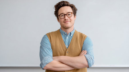 A confident young male teacher stands in a classroom, smiling warmly while wearing a stylish sweater vest and glasses, embodying a modern educational spirit.の素材
