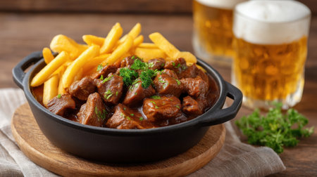 Enjoy a mouthwatering beef stew served with crispy fries, all in a rustic setting with chilled beers, perfect for sharing during a casual meal or gathering.の素材