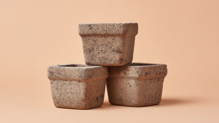 A simple arrangement of three terracotta pots showcasing a textured finish on a soft neutral background, ideal for modern home decor and gardening presentations.の素材