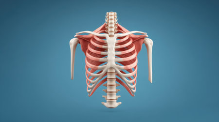 Detailed anatomical model of the human rib cage showcasing both bone structure and muscle attachments. Ideal for medical education and biological studies.の素材