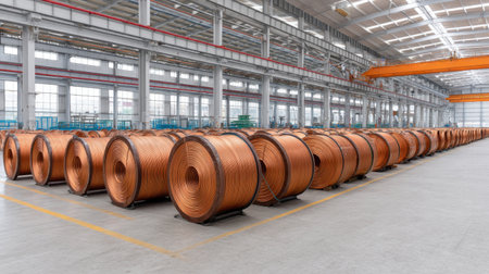 A spacious industrial warehouse is filled with neatly arranged copper wire coils, highlighting organized storage and showcasing efficient manufacturing practices.の素材