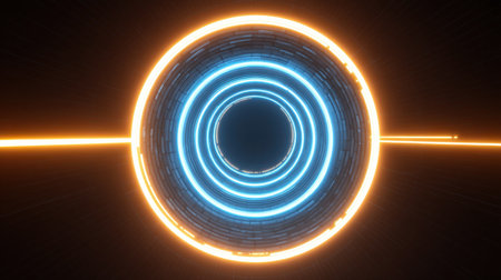 Experience a mesmerizing view of a futuristic circular tunnel with radiant blue and orange light effects, creating an abstract cosmic landscape for innovative designs.の素材