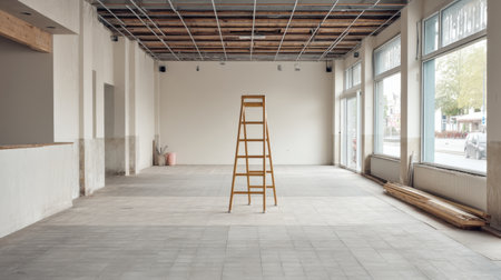 A spacious empty commercial area featuring a wooden ladder under bright windows, perfect for renovation or interior design projects with a minimalist aesthetic.の素材
