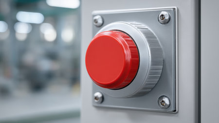 This image showcases a close-up view of a vibrant red emergency stop button on industrial equipment, highlighting safety features in a manufacturing context.の素材