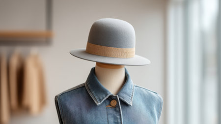 Stylish gray hat displayed on a mannequin wearing a denim jacket in a well-lit indoor space. Ideal for fashion showcases or apparel marketing.の素材