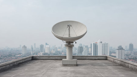 A solitary satellite dish positioned on a rooftop offers a serene view of a bustling urban skyline, emphasizing a blend of technology and modern architecture amidst a hazy sky.の素材