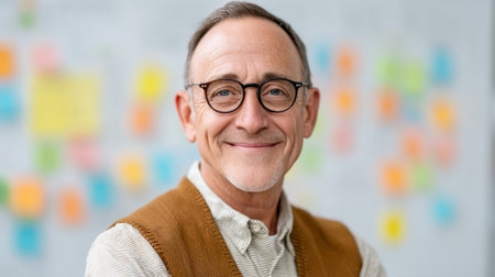 A cheerful professional man with glasses smiles in a bright office setting adorned with colorful sticky notes. Ideal for themes of teamwork, collaboration, and creativity.の素材