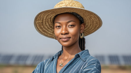 Young woman proudly stands in front of solar panels, showcasing a commitment to sustainable energy. The vibrant image captures the essence of a greener future.の素材