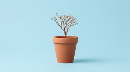 A minimalist terracotta pot features bare branches against a soft blue backdrop, perfect for enhancing tranquility and elegance in home or office decor.の素材