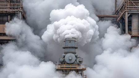 Heavy industrial equipment releases thick white smoke into a misty atmosphere, showcasing the complexity and intensity of manufacturing processes in an industrial environment.の素材