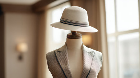 A stylish sun hat is showcased on a mannequin within a softly lit interior, perfect for fashion enthusiasts seeking summer inspiration and elegant decor ideas.の素材