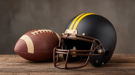 A captivating image of a black football helmet with yellow stripes next to a classic leather football, evoking the spirit and excitement of the sport in an inviting setting.の素材