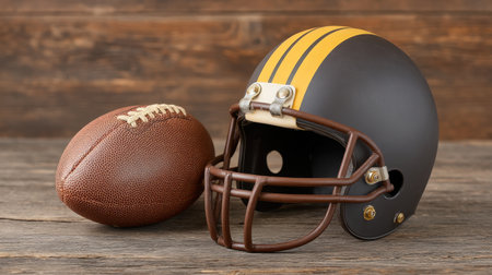 Explore a captivating scene featuring a vintage football helmet and leather ball on a rustic wooden table, symbolizing the rich tradition of American football culture.の素材