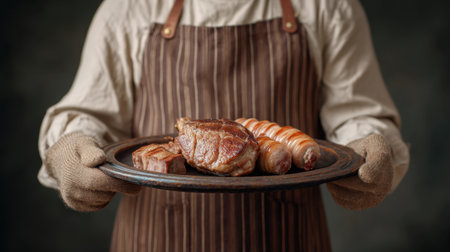 A warm presentation of expertly cooked meats by a friendly butcher, capturing the essence of home-cooked meals and inviting flavors in a rustic setting.の素材