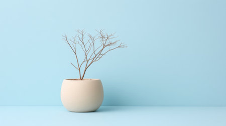 A minimalistic composition featuring a bare branch in a simple pot against a soft blue background, ideal for interior design inspiration and artistic decor ideas.の素材