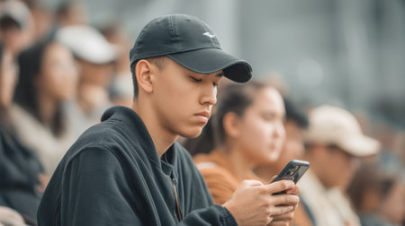 A focused young man sits in an outdoor environment, intently using his smartphone amidst a diverse group of people. His casual attire reflects a relaxed atmosphere.の素材