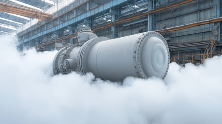 A large industrial turbine is prominently displayed in a manufacturing space, enveloped in fog and steam, symbolizing advanced engineering and innovative technology.の素材