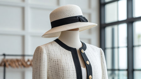 A stylish boutique display featuring a classic straw hat and a textured jacket, highlighting elegance and sophistication in a modern retail space for fashion enthusiasts.の素材