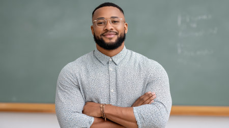 A confident male educator stands in front of a chalkboard, arms crossed, radiating professionalism. His engaging presence embodies dedication to inspiring students in the classroom.の素材