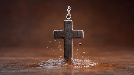 A striking image of a cross immersed in splashing water, capturing the essence of spirituality and purity, ideal for conveying themes of faith and devotion.の素材