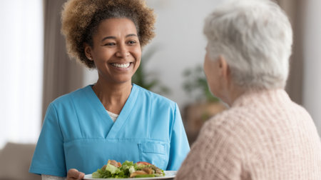 A caregiver joyfully serves a nutritious meal to an elderly woman, highlighting the importance of compassion and quality care in home healthcare environments.の素材